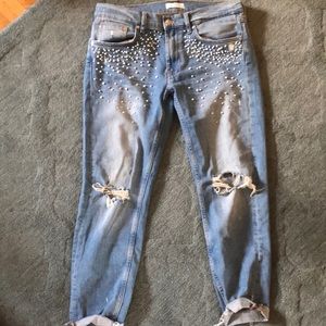 Zara embellished denim cropped boyfriend jeans